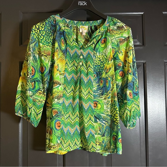 Fig & Flower Green Peacock Print Tie Top Size PM (B3 - Picture 2 of 9